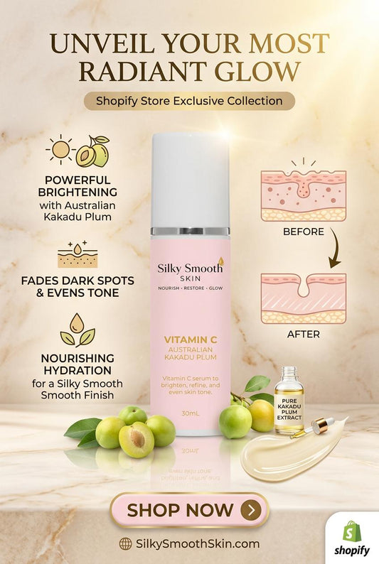 Ad for Silky Smooth Skin Vitamin C serum highlighting benefits: brightening with Kakadu Plum, fading dark spots, nourishing hydration. Before and after skin texture illustration, Kakadu plum and extract visuals convey freshness and efficacy.