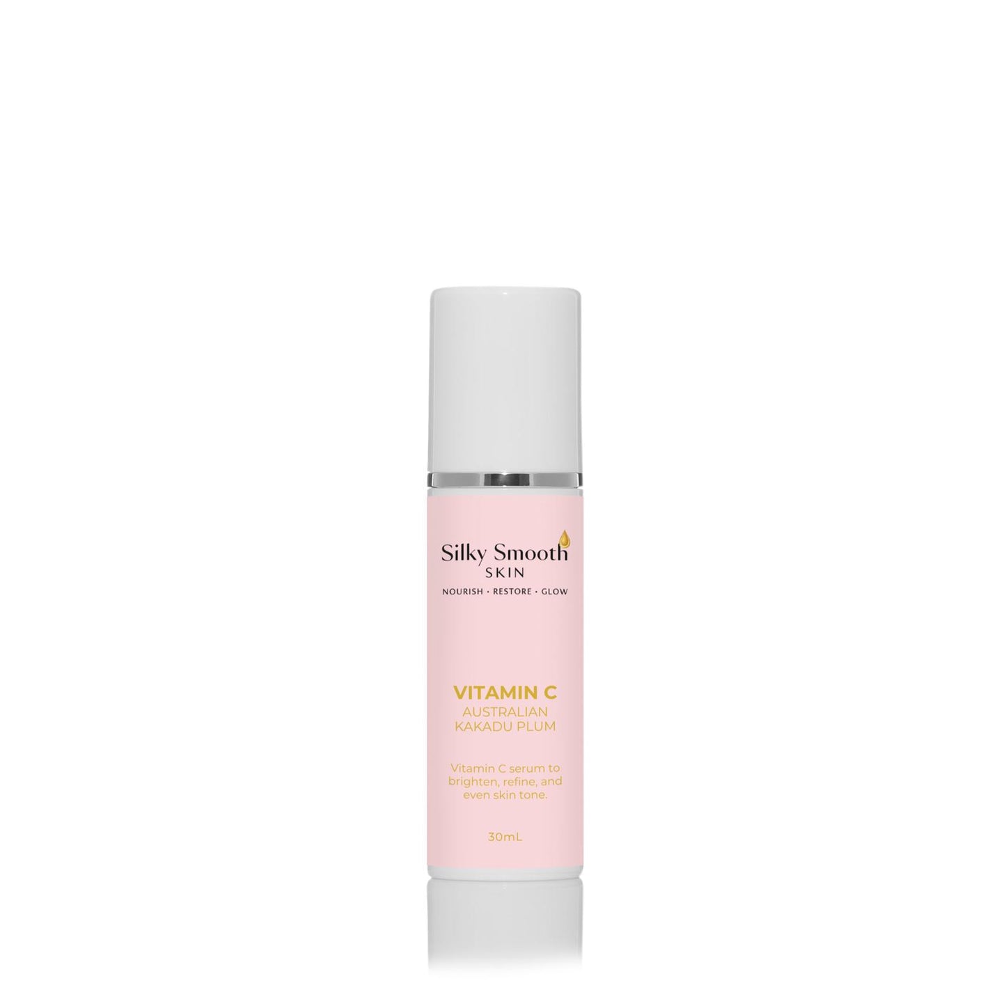 Silky Smooth Skin Vitamin C serum with Australian Kakadu Plum in a pump bottle.