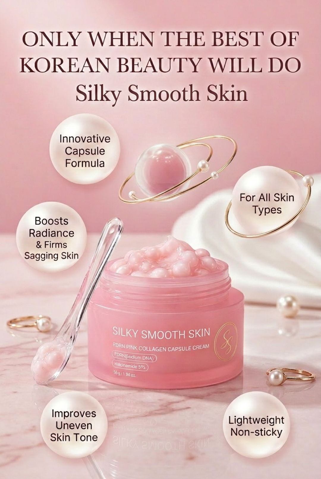 Silky Smooth Skin Korean beauty cream with innovative capsule formula for radiant, firm skin suitable for all skin types.