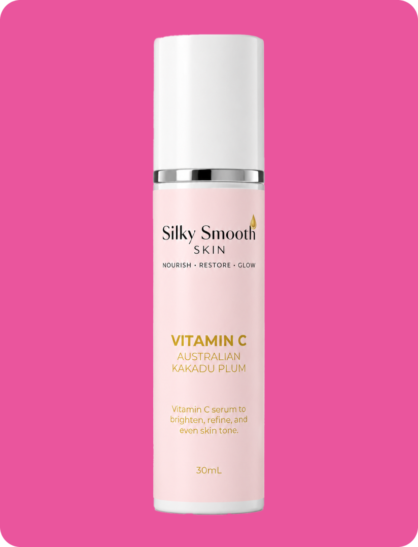 Silky Smooth Skin Vitamin C Australian Kakadu Plum serum in a white pump bottle on a pink background.