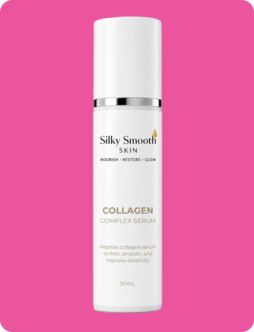 A white bottle of Silky Smooth Skin Collagen Complex Serum with a pink background.
