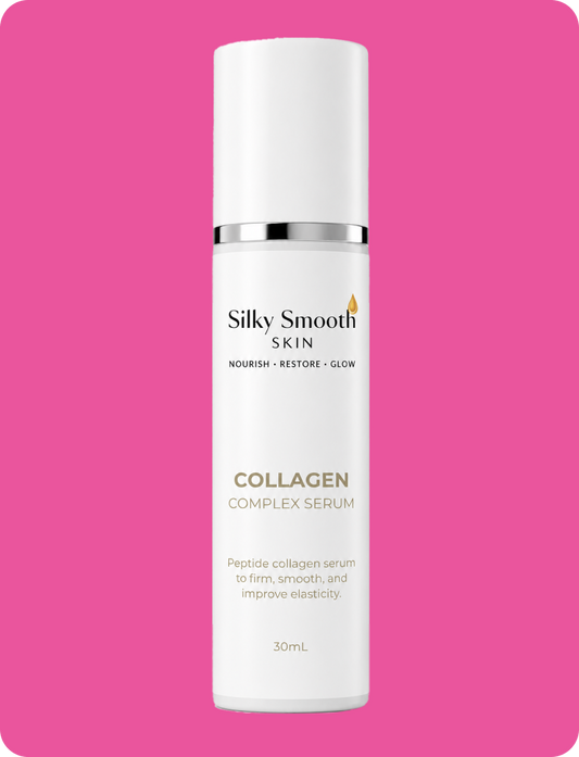 A white bottle of Silky Smooth Skin Collagen Complex Serum with a pink background.