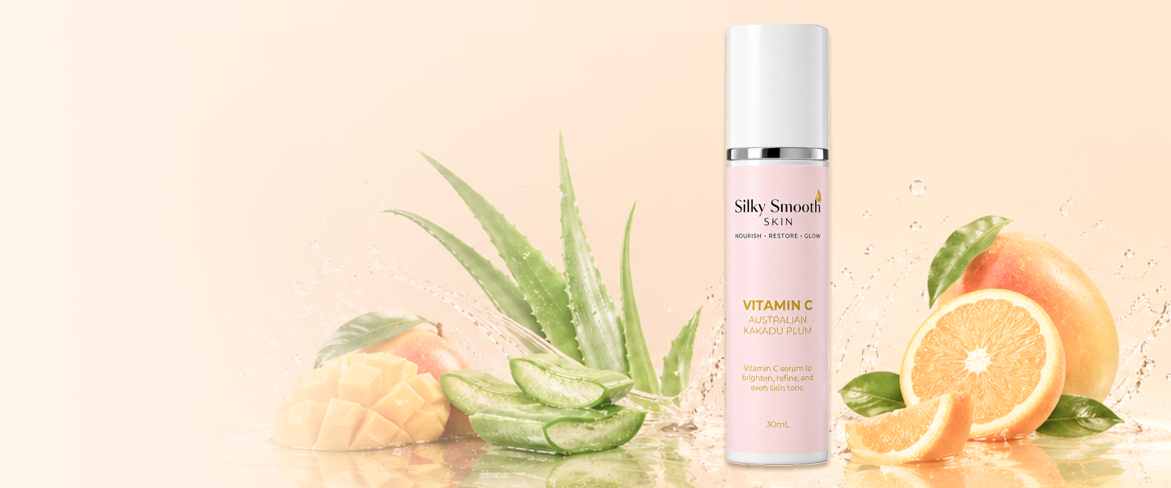 Silky Smooth Skin Vitamin C serum with Kakadu plum, aloe, mango, and orange, promoting a bright, even skin tone."