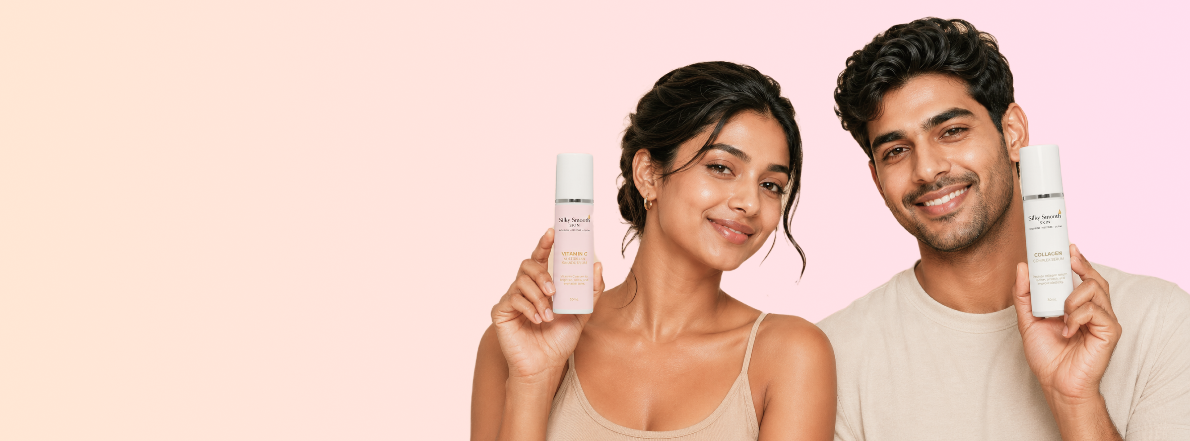 Smiling couple holding Silky Smooth Skin serums against a soft pink background, showcasing skincare products with confidence.