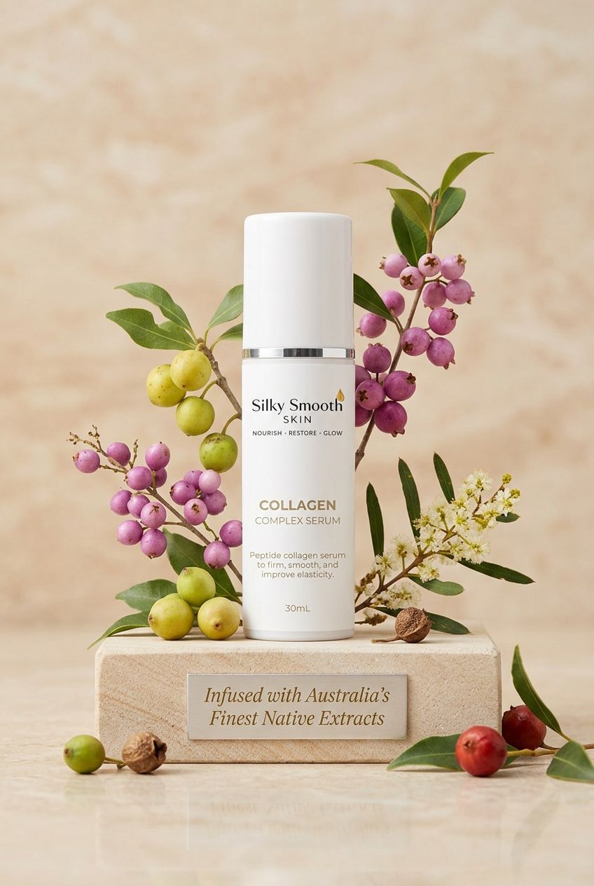 Silky Smooth Skin collagen complex serum bottle displayed with native Australian berries and foliage on a stone pedestal.