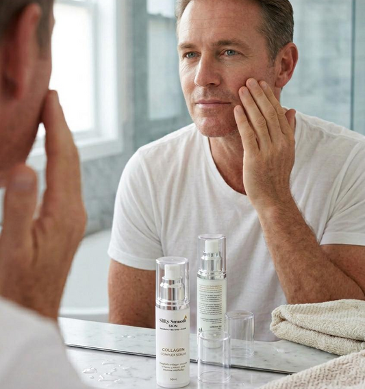 Man in white shirt applies collagen serum, Silky Smooth Skin, in bathroom mirror, focusing on skincare routine."
