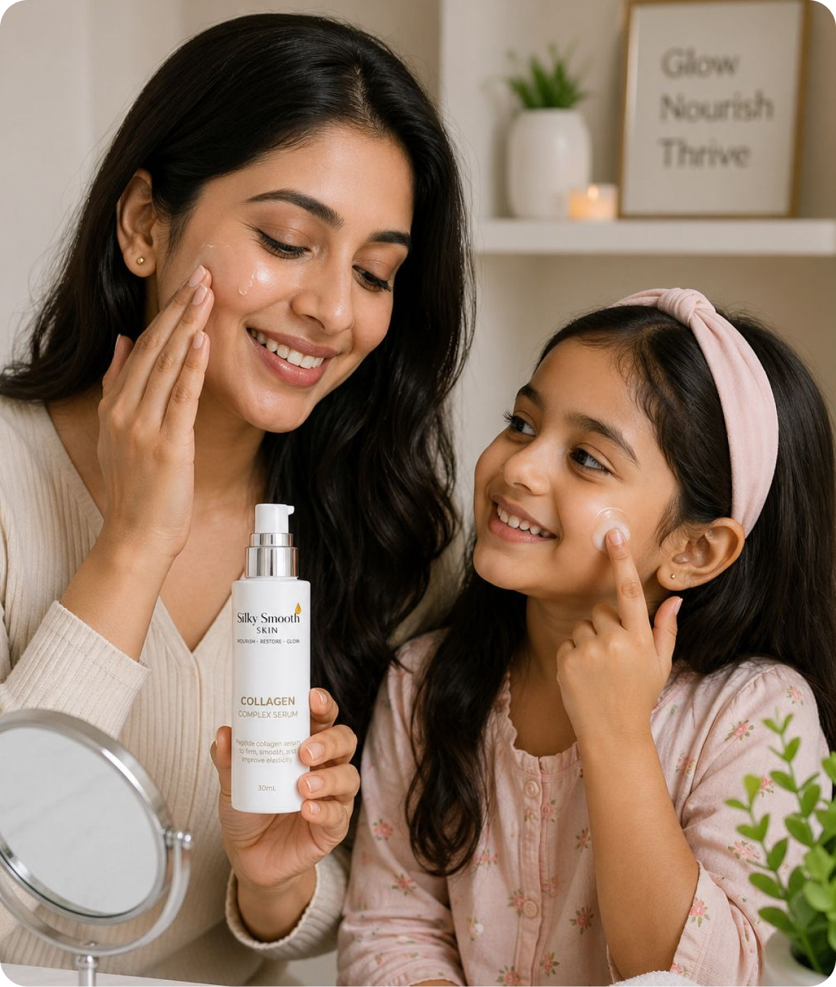 Woman and child smiling, applying Silky Smooth Skin Collagen Complex Serum. Mirror and plant in background, cozy setting.