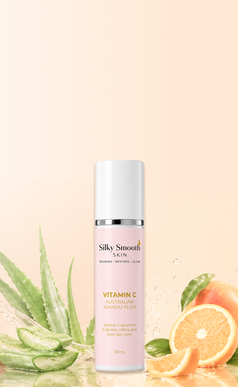 Silky Smooth Vitamin C serum bottle with aloe and citrus, promising to brighten, refine, and even skin tone