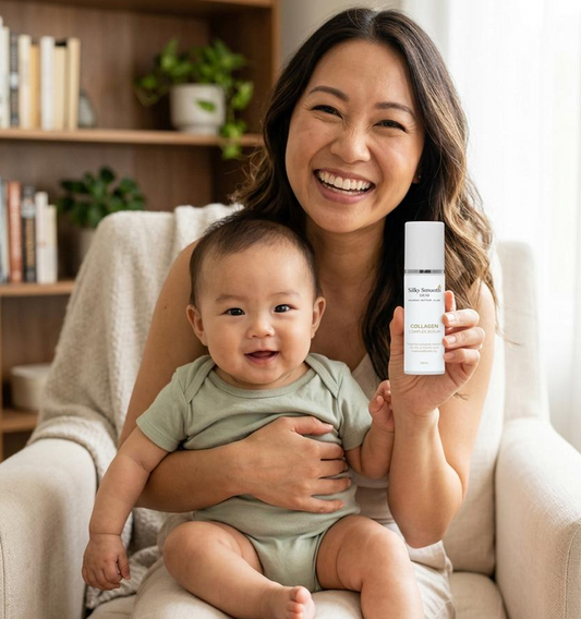 Smiling woman holds a baby and a collagen product, sitting in a cozy room with books and plants, conveying warmth and care